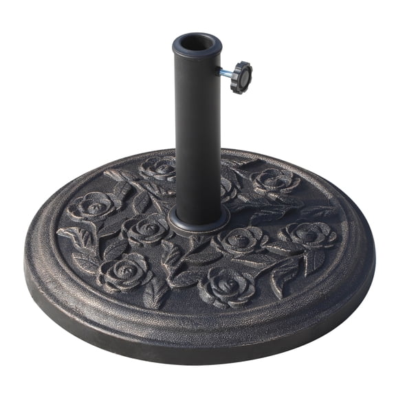18" 20 lbs Round Resin Umbrella Base Stand Parasol Holder with Decorative Rose Floral Pattern & Easy Setup, for Φ1.5", Φ1.89" Pole, for Lawn, Deck, Backyard, Garden, Bronze