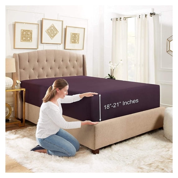 18"- 21" Extra Deep Pocket Fitted Sheet for High Mattress - Hotel Luxury Silky Soft Double Brushed Microfiber Sheet, Wrinkle Bed Sheet, - Purple Eggplant