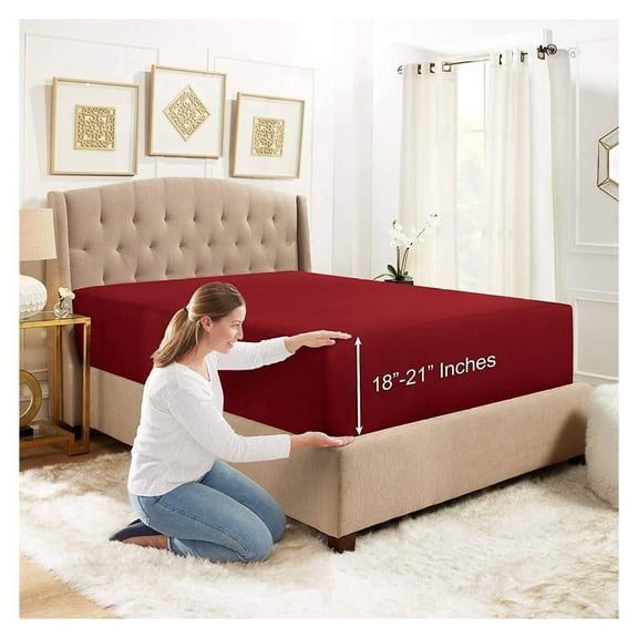 18"- 21" Extra Deep Pocket Fitted Sheet for High Mattress - Hotel Luxury Silky Soft Double Brushed Microfiber Sheet, Wrinkle Bed Sheet, California King - Burgundy Red
