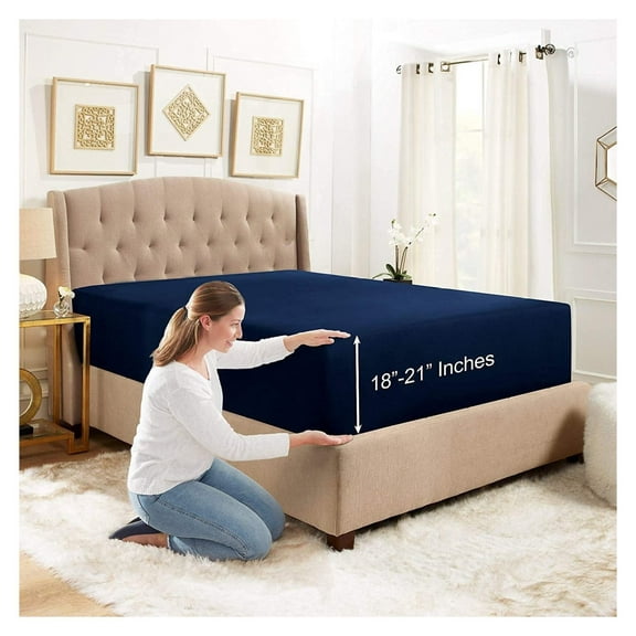 18"- 21" Extra Deep Pocket Fitted Sheet for High Mattress - Hotel Luxury Silky Soft Double Brushed Microfiber Sheet, Wrinkle Bed Sheet, California King - Navy Blue