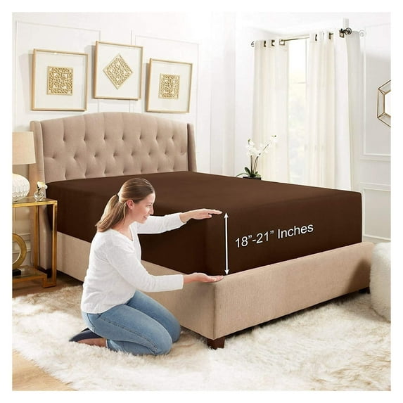 18"- 21" Extra Deep Pocket Fitted Sheet for High Mattress - Hotel Luxury Silky Soft Double Brushed Microfiber Sheet, Wrinkle Bed Sheet, Queen - Chocolate Brown