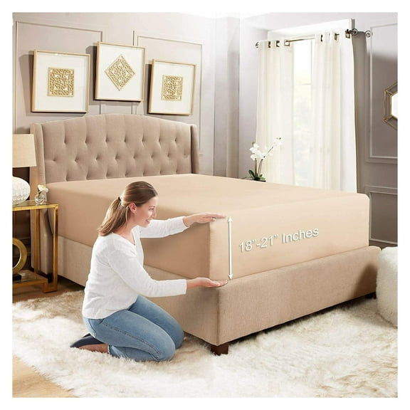 18"- 21" Extra Deep Pocket Fitted Sheet for High Mattress - Hotel Luxury Silky Soft Double Brushed Microfiber Sheet, Wrinkle Free Bed Sheet, King - Taupe Sand