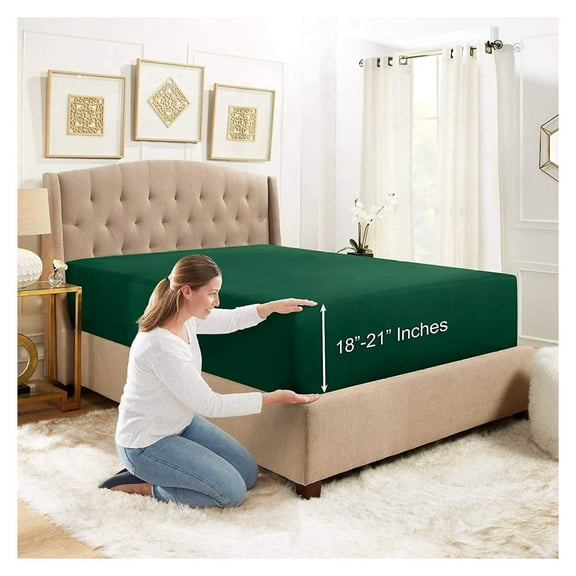 18"- 21" Extra Deep Pocket Fitted Sheet for High Mattress - Hotel Luxury Silky Soft Double Brushed Microfiber Sheet, Wrinkle Bed Sheet, Full - Green