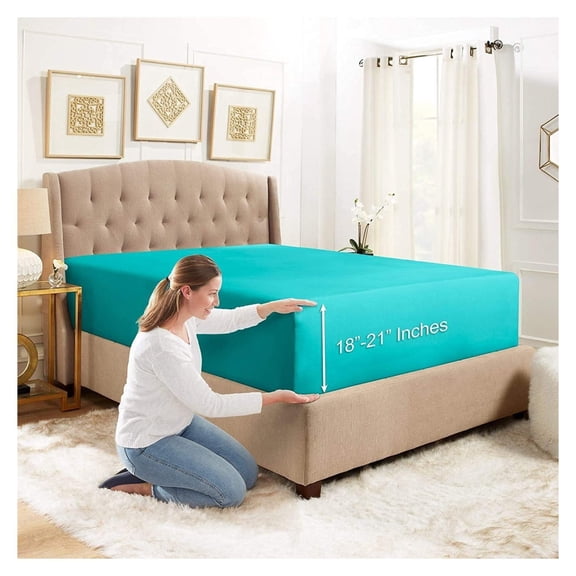 18"- 21" Extra Deep Pocket Fitted Sheet for High Mattress - Hotel Luxury Silky Soft Double Brushed Microfiber Sheet, Wrinkle Bed Sheet, - Teal Blue