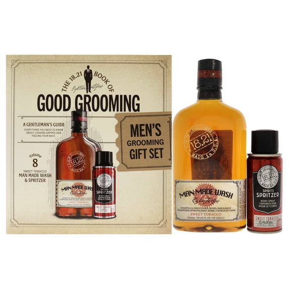 18.21 Man Made Book of Good Grooming Volume 8 Set - Sweet Tobacoo , 2 Pc 18oz Man Made Wash 3-In-1 Shampoo, Conditioner and Body Wash, 3.4oz Spirits Spritzer Body Spray