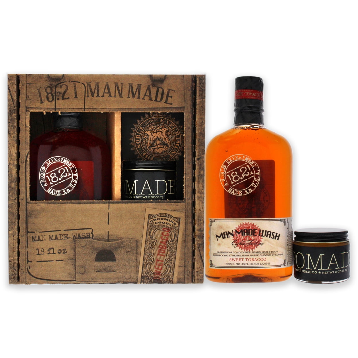 18.21 Man Made Set - Sweet Tobacco, 2 Pc Set 18oz Man Made Wash 3-In-1 Shampoo, Conditioner and Body Wash, 2oz Pomade