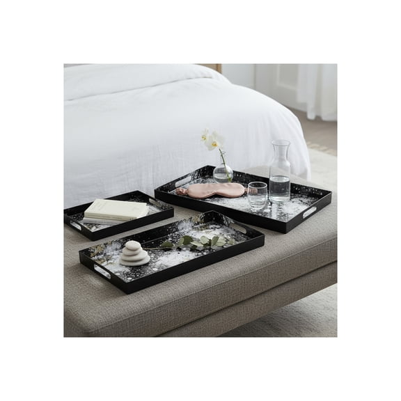 Trays for House, Bed, or Coffee Table Decor - Artistic Metal Trays with Splatter Design for Centerpiece Table Decorations - Perfect for Jewelries and Trinkets - Set of 3, 25", 22", 18", Black & White
