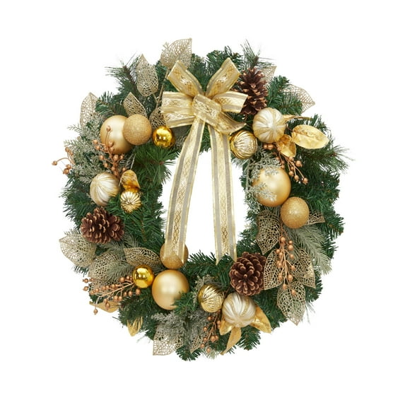 18"/24" Christmas Wreath for Front Door, Pre-Lit Christmas Wreath with 20 LED Lights, Battery Powered Xmas Wreath with Golden Bow & Balls for Front Door Gate Xmas Party Decor