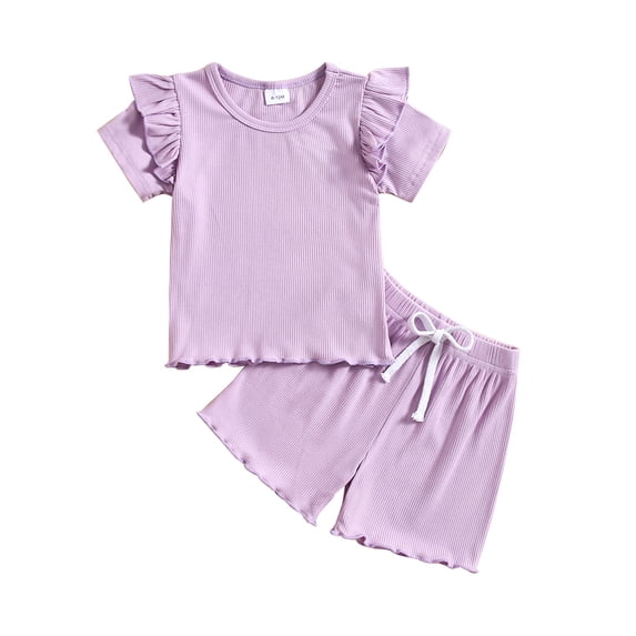 18-24 Months Baby Clothes For Girls Girl Outfits Toddler Baby Girls Clothes Solid Plain Rib Ruffle T-shirt + Shorts With Drawstring Cute Summer Short Set Purple