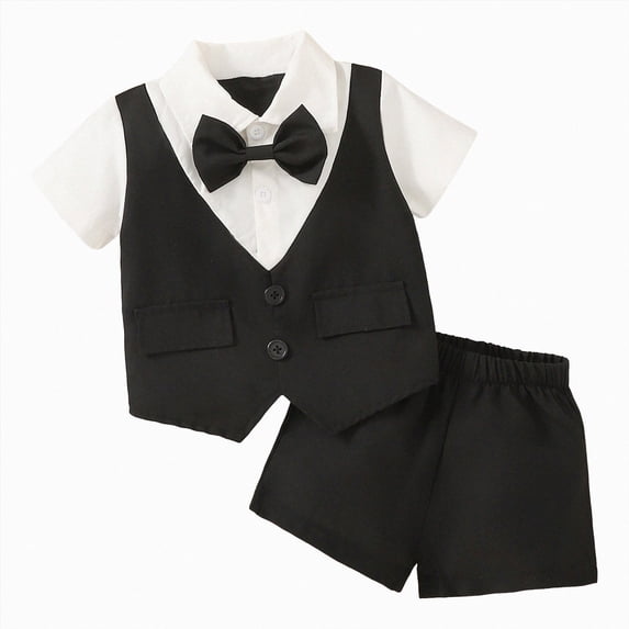 18-24 Months Infant Baby Boys 3 Piece Formal Suit,Short Sleeve Shirt + Cuffed Suspender Shorts + Coordinated Bow Tie Gentleman Baptism Outfit,Summer Photo Birthday Party Wedding Attire,Blue