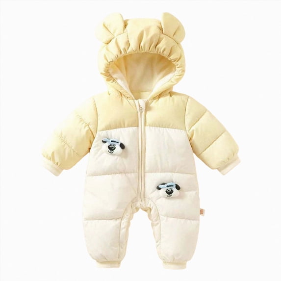 18-24 Months Newborn Baby Winter Snowsuit Bear Ear Hooded Padded Romper Fleece Lined Color Block Zipper Jumpsuit Infant Cold Weather Outfit