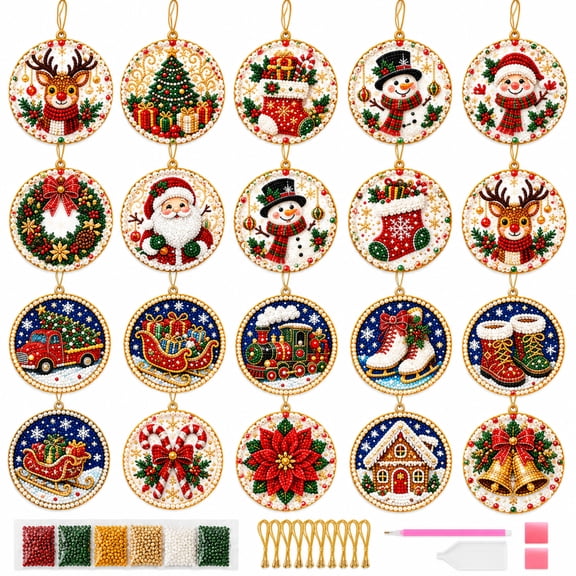 18-24 Pcs Christmas Diamond Art Ornaments Kit, Pearl Diamond Painting Craft Set, DIY Holiday Tree Decorations