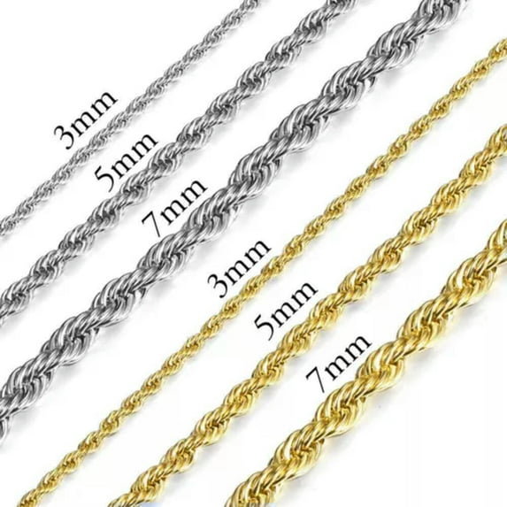 18"-24" Twisted Rope Chain Gold Plated Stainless Steel Link Necklace Men 3-7mm