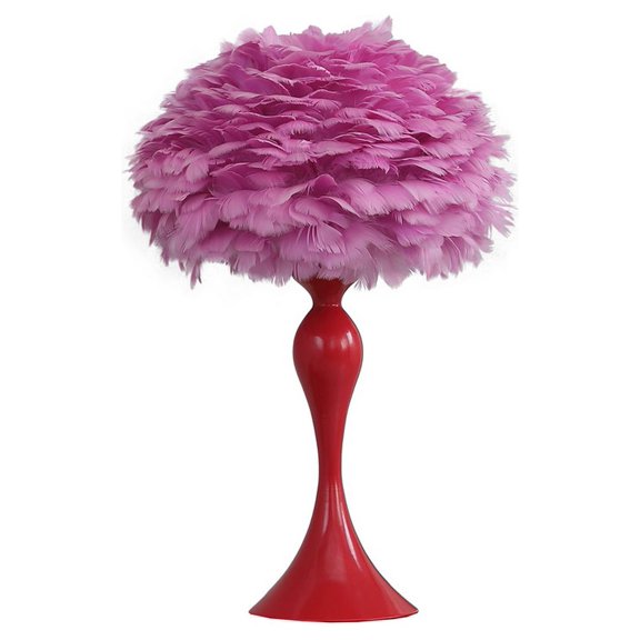 18.25"In Medium Pink Feather Aquina Glaze Red Metal Contour Glam Table Lamp