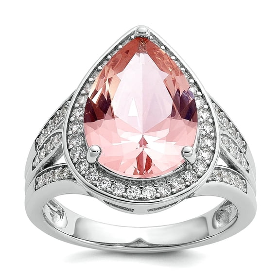 18.25mm Ss Rhodium Plated Pink Nano Crystal and Cubic Zirconia Teardrop Halo Ring Size 7 Ring for Women