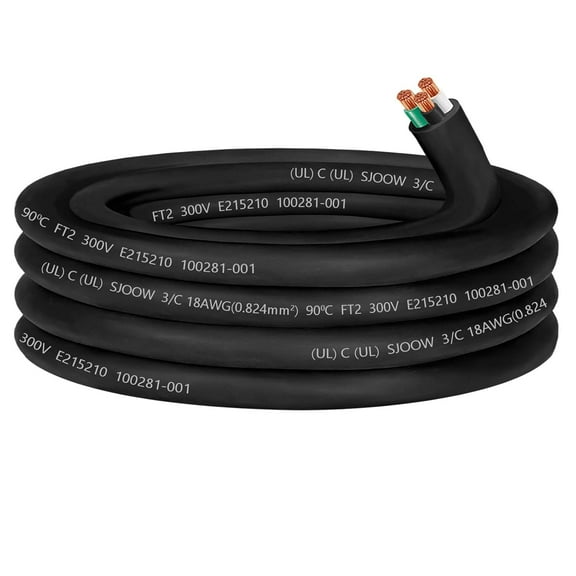 18/3 18 Gauge SJOOW Portable Power Cable Wire,18AWG 300V SJOOW Electrical Cable,18 AWG 3 Conductor Extension Cord for for Mini Split HVAC/Heat Pump/Speaker Systems/Light/Trailer,Indoor Outdoor-25ft