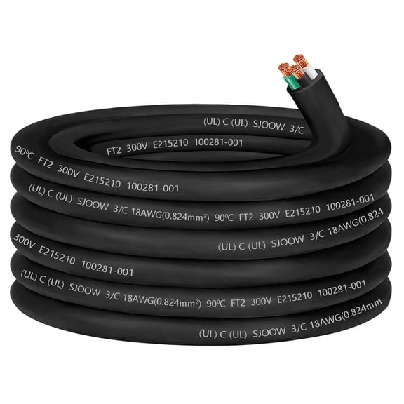 18/3 18 Gauge Wire SJOOW Wire 3 Conductor 18 Gauge Electric Portable Power Cable 300V 5A SJOOW Bulk Cable for Mini Split Air Conditioner HVAC/Heat Pump/Speaker Systems/Light/Trailer-50ft