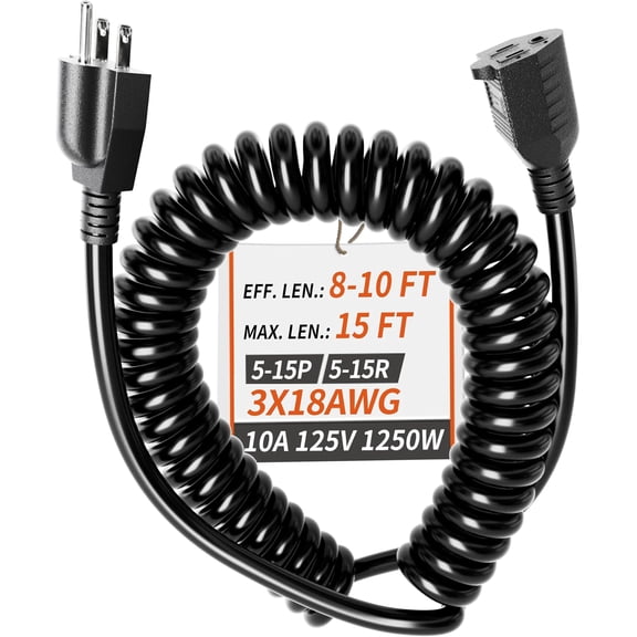 18/3 Gauge Black Coiled Extension Cord 15 ft Indoor , Flame Retardant, Flexible 3 Prong Coiled Spiral Power Cord for Pallet Tucks, 10A 1250W 18AWG, ETL Listed