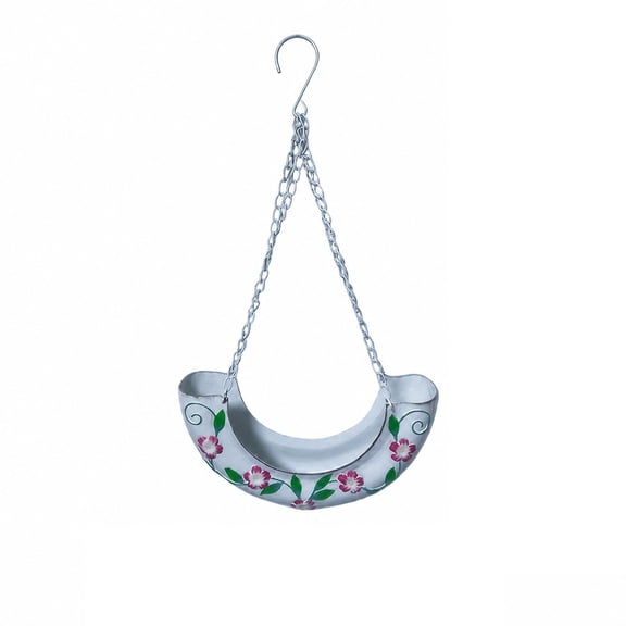 18.30in Hanging Crescent Flower Basket with Chain, Hand-Painted Floral Metal Planter for Garden Trees Patios and Porch Decor, Vintage Charm Bloom Art