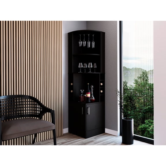 18.33 In. Deep Black Corner Cabinet With 8 Bottle , 1 Central Shelf, And A 12 Wine Glass Rack 92.73 Lb 2 Shelves,