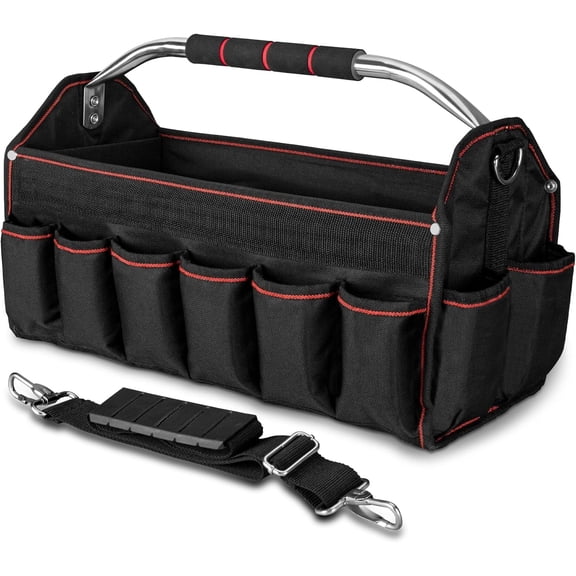 18" Foldable Tool Tote, Open Top Tool Bag with Removable Divider & Stiff Frame, 23-Pockets Electrician Tool Bag with Padded Steel Handle, Shoulder Strap & Water-Resistant Hard Base – HT0020