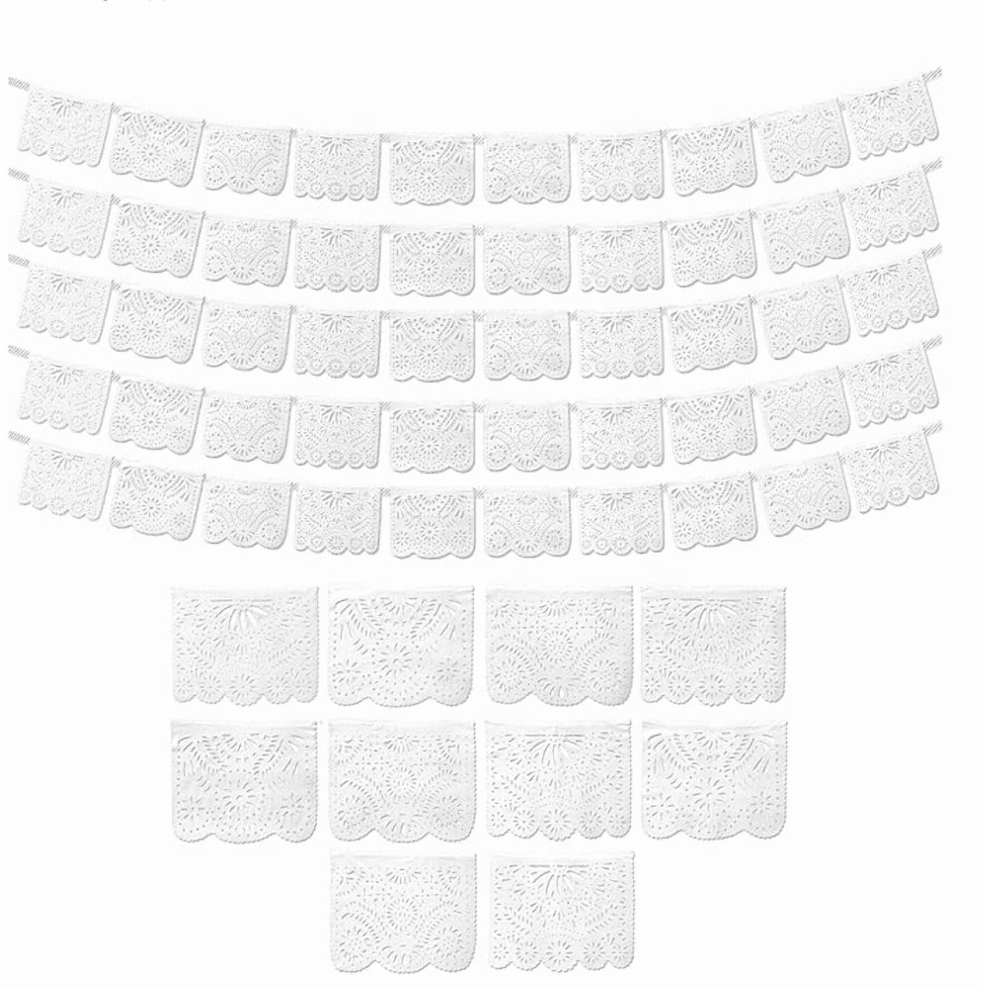 5Packs White Mexican Papel Picado Hanging Plastic Hollow Out Banner Garlands Backdrops for Mexican Themed Party Day of The Dead Birthday Wedding Festive First Communions Baptisms Decorations
