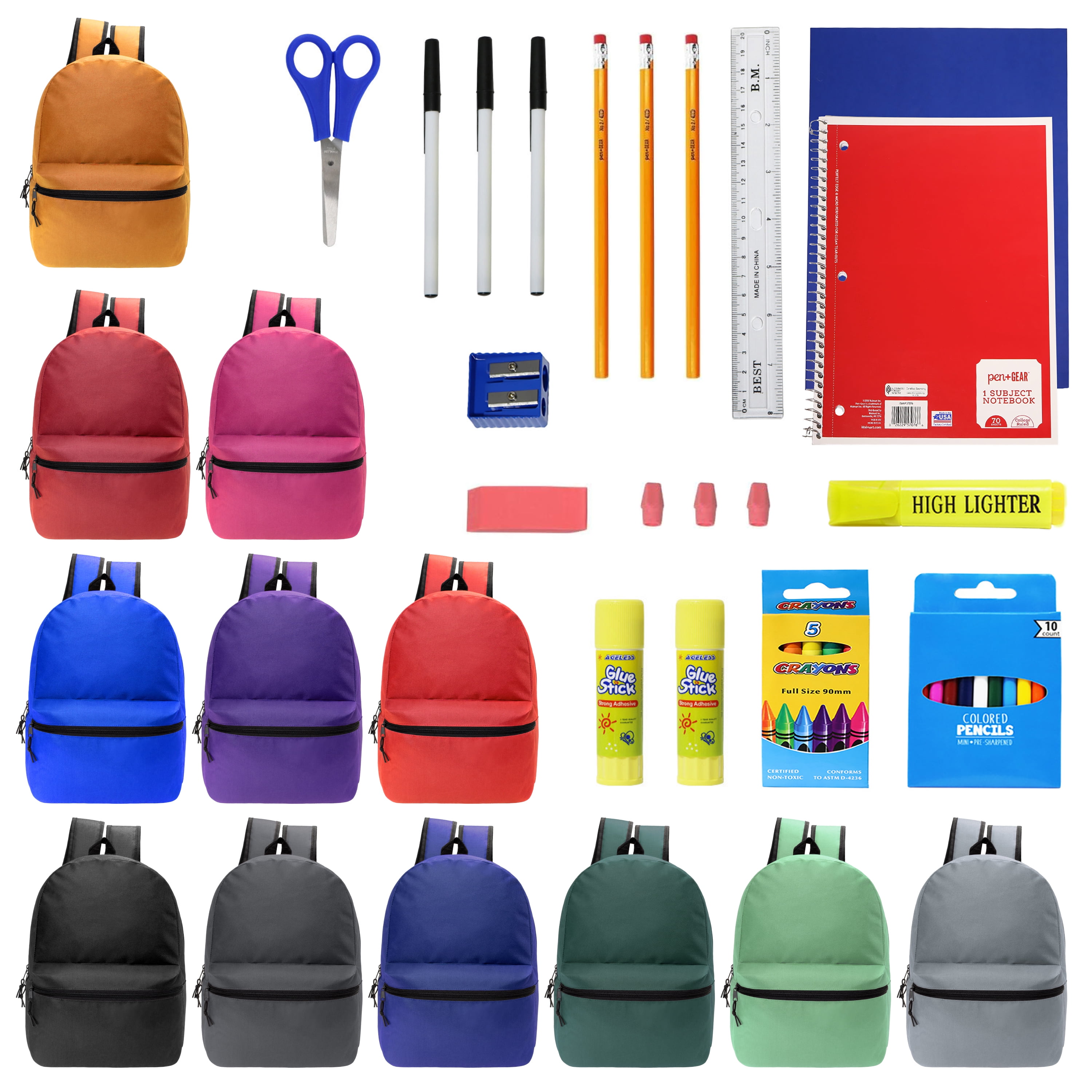18.5" Backpack in 12 Colors & 34 Piece School Supply Kits, 12 of Each