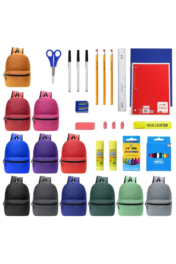 18.5" Backpack in 12 Colors & 34 Piece School Supply Kits, 12 of Each