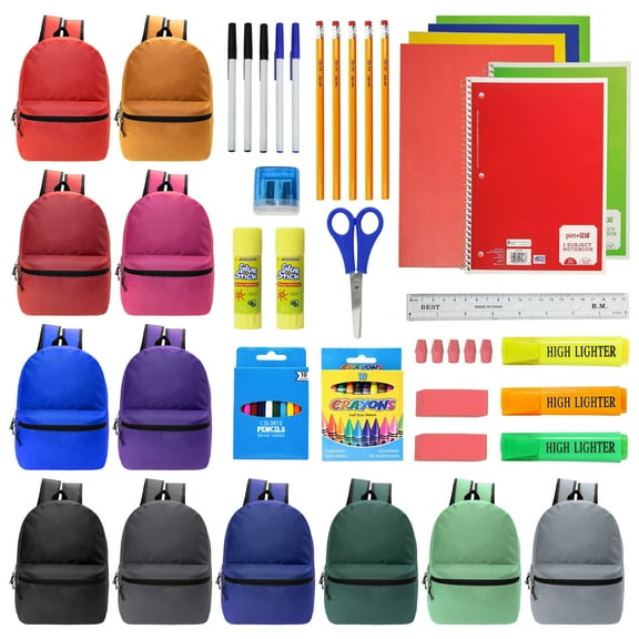 18.5" Backpack in 12 Colors & 52 Piece School Supply Kits, 12 of Each