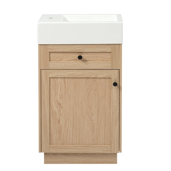 18.5" Bathroom Vanity with Reversible Resin Sink, MDF Cabinet with Adjustable Shelf and Elegant Zinc Alloy Handles, Wood Grain Melamine Finish, Reversible Door, Rustic Style for Small Spaces