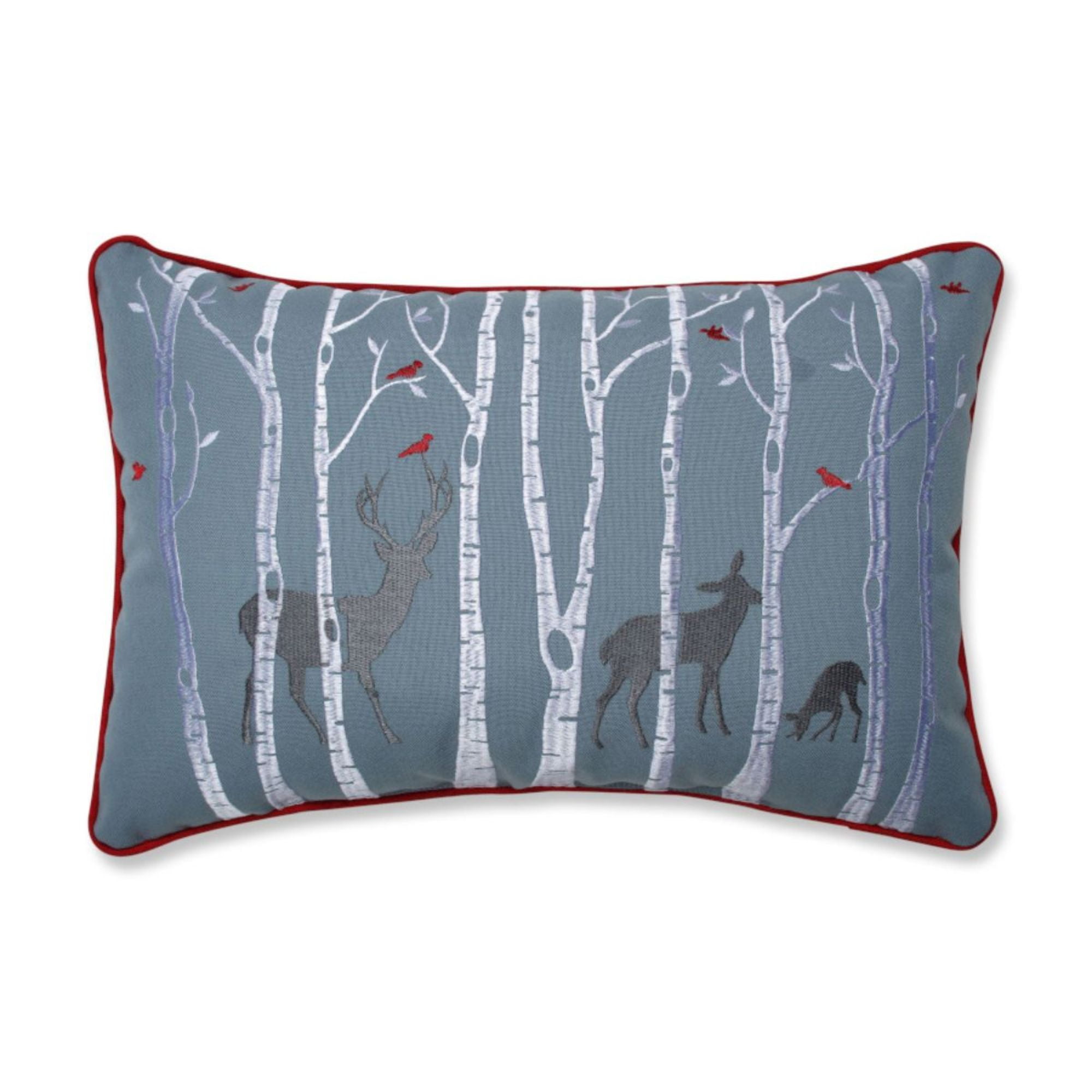 Blue and White Embroidered Woodland Deer Lumbar Pillow