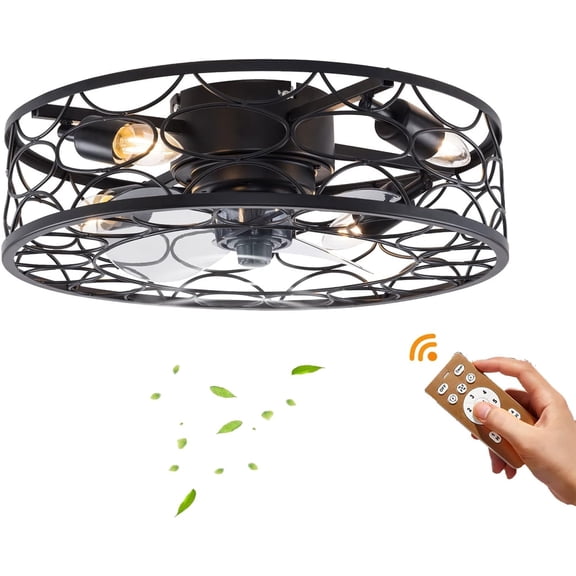 18.5" Caged Ceiling Fan with 4 Light Farmhouse Low Profile Ceiling Fan Light Remote Control 6 Speeds Adjustable Black Enclosed Industrial Flush Mount Ceiling Fan for Kitchen Bedroom