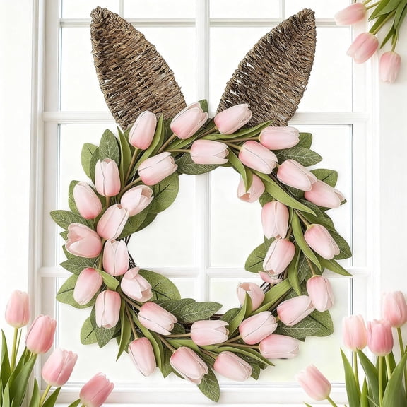 18.5" Easter Bunny Tulip Wreath - Artificial Pink Tulips & Woven Bunny Ear Design, Spring Front Door Greenery, Realistic Floral Decoration for Easter Party, Mantel & Modern Home Decor