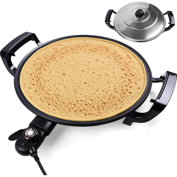 18.5 Electric Injera Maker, Mitad for Ethiopian Injera, Pancake Teff Maker, Electric Griddle with Lid, Non-Stick Surface, Easy to Clean, Adjustable Mechanical Knob Control, Even Heating