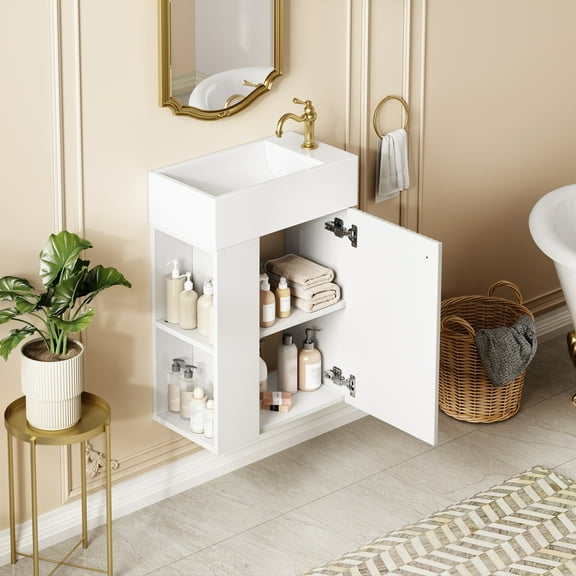 18.5" Floating Bathroom Vanity with Resin Basin**, Wall-Mounted Modern Design, Left Side Storage & Soft-Close Door, Space-Saving for Small Bathrooms, White