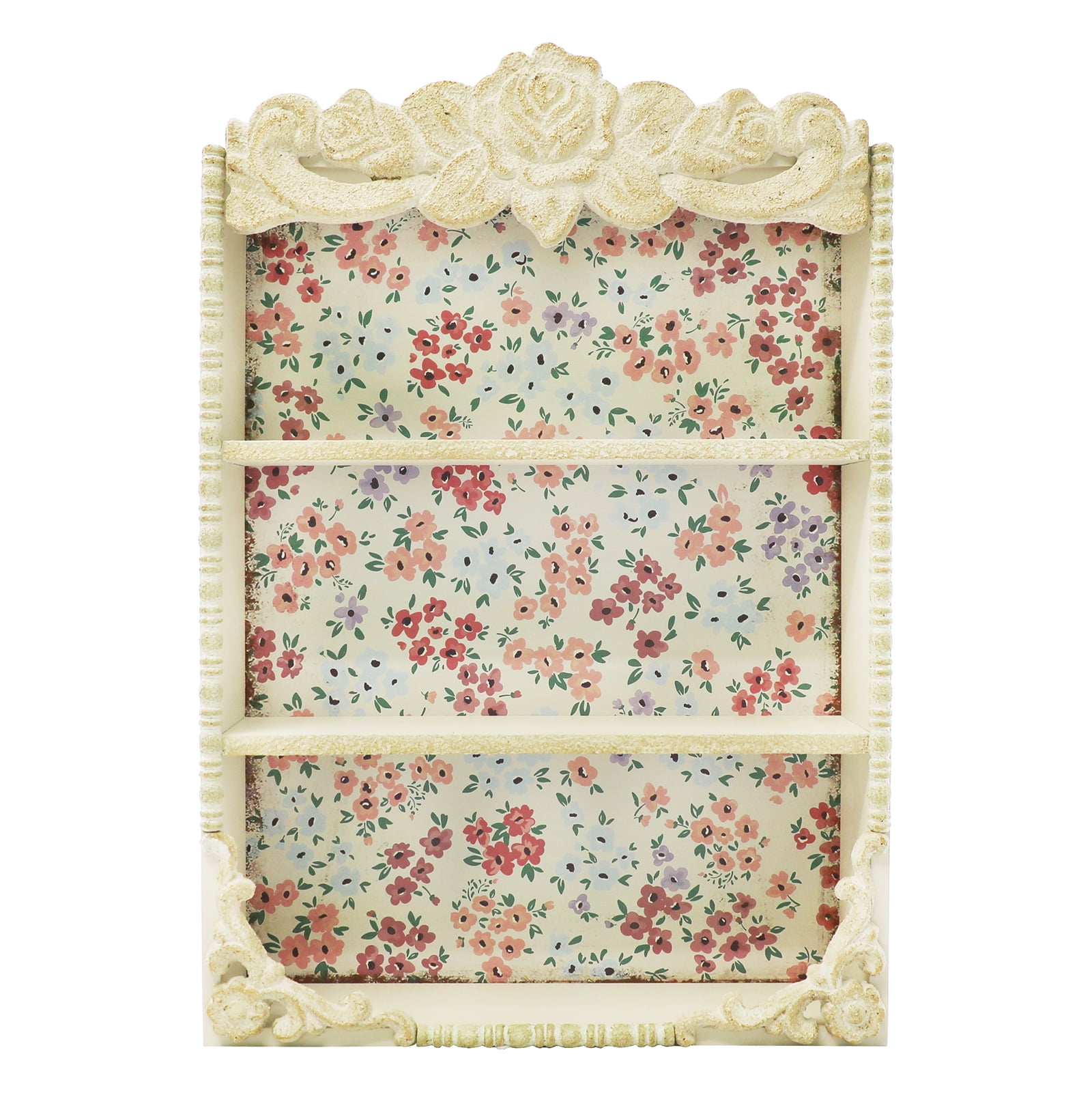 18.5" Distressed Floral 3-Shelf Wall Cubby in Beige Wood