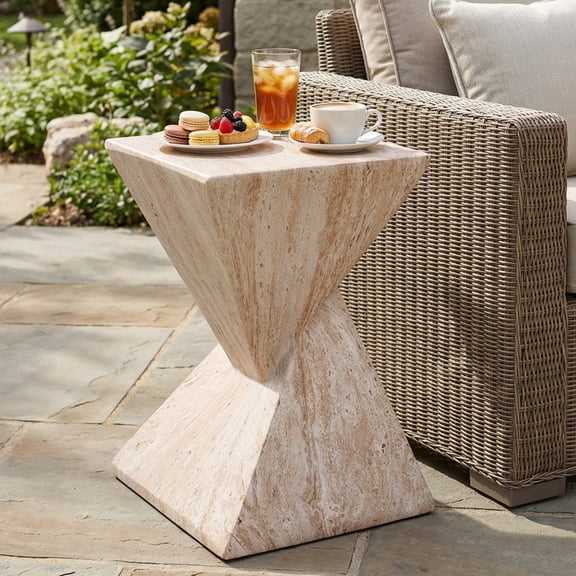 18.5" H Modern Outdoor Concrete Side Table with Sculptural Fluted Design,All-Weather,Suitable for Garden,Balcony & Poolside,Beige Marble