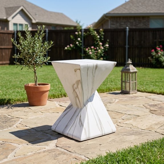 18.5"H Modern Outdoor Concrete Side Table with Sculptural Fluted Design - White Marble