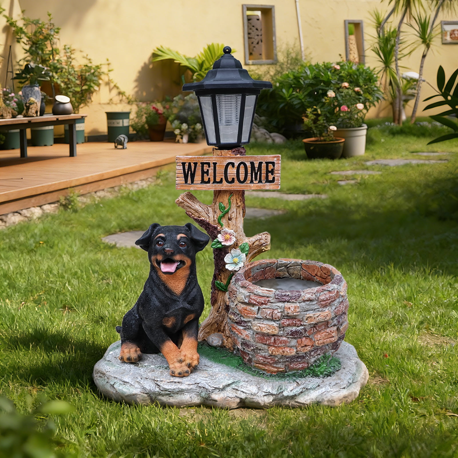 18.5" H Rottweiler Garden Statue with Solar Lamp Post,Welcome Sign & Brick Well Planter,Outdoor Freestanding Dog Decor for Patio,Porch and Backyard,Brown+Black