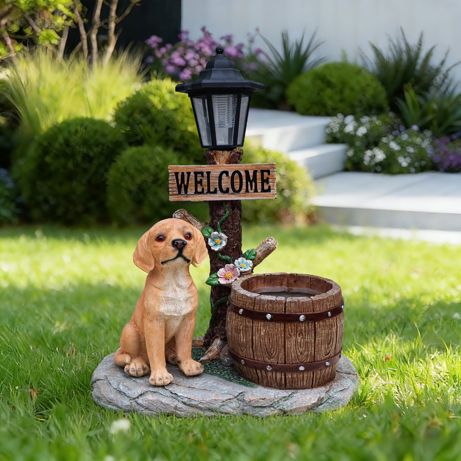 18.5" H Solar Garden Statue Planter,Resin Labrador Figurine with Solar LED Light,Garden Sculptures with Flowerpot Decor for Yard Art Lawn Ornaments Porch Patio Balcony,Brown