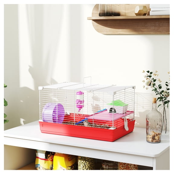 18.5" Hamster Cage Kit with Wheel & Bottle, 2-Story Rat , Red Small Animal House