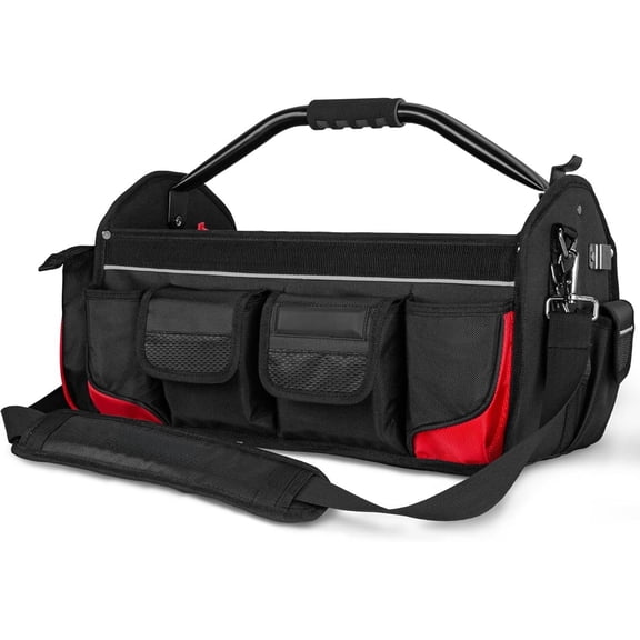 18.5" Heavy-Duty Tool Tote, 1680D Open Top Tool Bag with 39-Pockets, Rotating Steel Handle, Padded Strap & Water-Resistant Base - HT0178