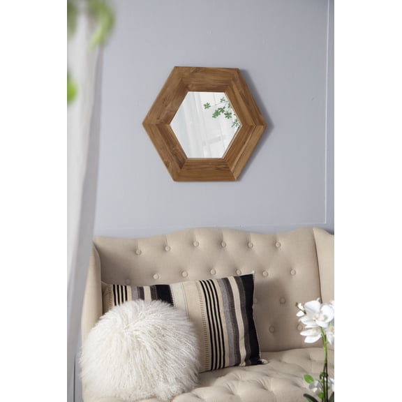 18.5" Hexagon Wall Mirror with Natural Teak Wood Frame, Geometric Mirror for Living Room, Bathroom, Hallway, Gallery Wall, Minimalist Wooden Accent