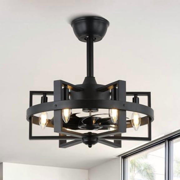 18.5 Inch 6-Lights Black Caged Ceiling Fan with Light, Retro Industrial Enclosed Modern Ceiling Fans with Remote Control, 3-Speed Farmhouse Ceiling Fan with Remote for Bedroom Livi