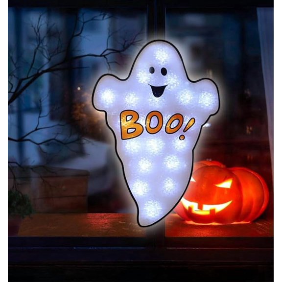 18.5 Inch Lighted Boo Ghost Halloween Window Decoration, 20 LED Plug-In Silhouette Light with Suction Cup, Easy Hanging Party Decor for Dorms, Apartments, Offices and Haunted Houses