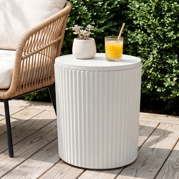 18.5 Inch Round Fluted Plastic Patio Side Table, 3 in 1 Outdoor Umbrella Base Stand Storage Cooler Table for Backyard Pool Deck Garden, White