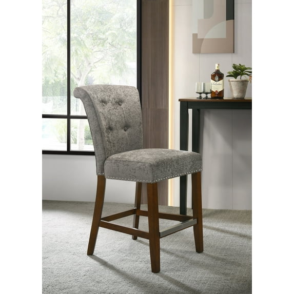 18.5 Inch Width Counter Height Chair, Modern Upholstered Dining Chair with Metal Footrest, Button Tufted High Back and Nailhead Trim for Kitchen, Bar and Dining Room, Gray