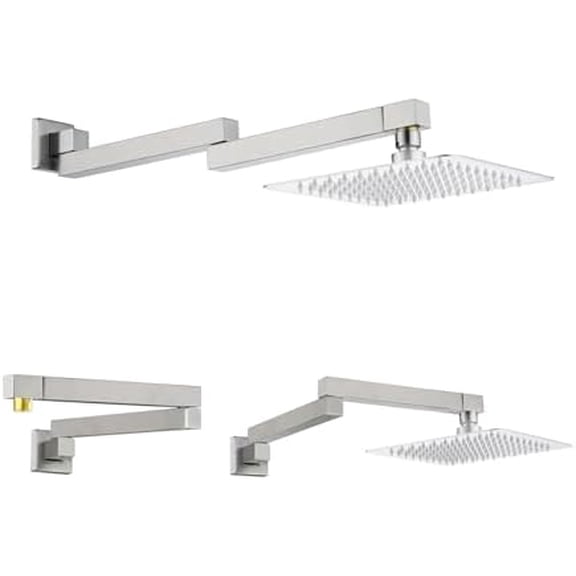 18.5 Inches Straight Extended Pivoting Shower Arm With Flange, Rain Shower Head Extension Arm, Square 360Swiveling Foldable Shower Arm, Wall-Mounted Brushed Nickel Stainless Steel
