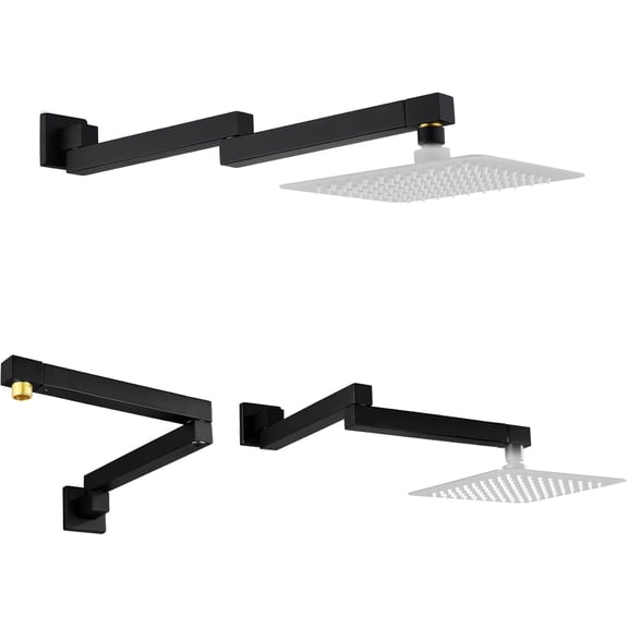 18.5 Inches Straight Extended Pivoting Shower Arm With Flange, Rain Shower Head Extension Arm, Square 360Swiveling Foldable Shower Arm, Wall-Mounted Matte Black Stainless Steel