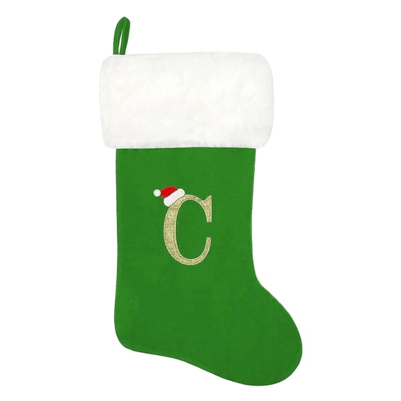 18.5" Letter Embroidered Christmas Stocking Pendant, Green Velvet with White Super Soft Plush Cuff Embroidered Xmas Stockings Classic Personalized Stocking Decorations for Family Holiday Season Decor